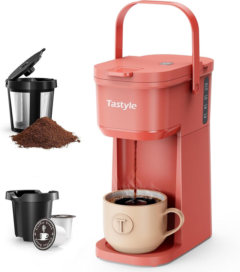Tastyle Single Serve One Cup Coffee Maker, for K Cups and Grounds, Mini Coffee Maker with Portable Handle, 6 to 12 Oz Brew Size, for Travel, Camping, Office, RV and Dorm, 120V, Salmon Pink - Image 1